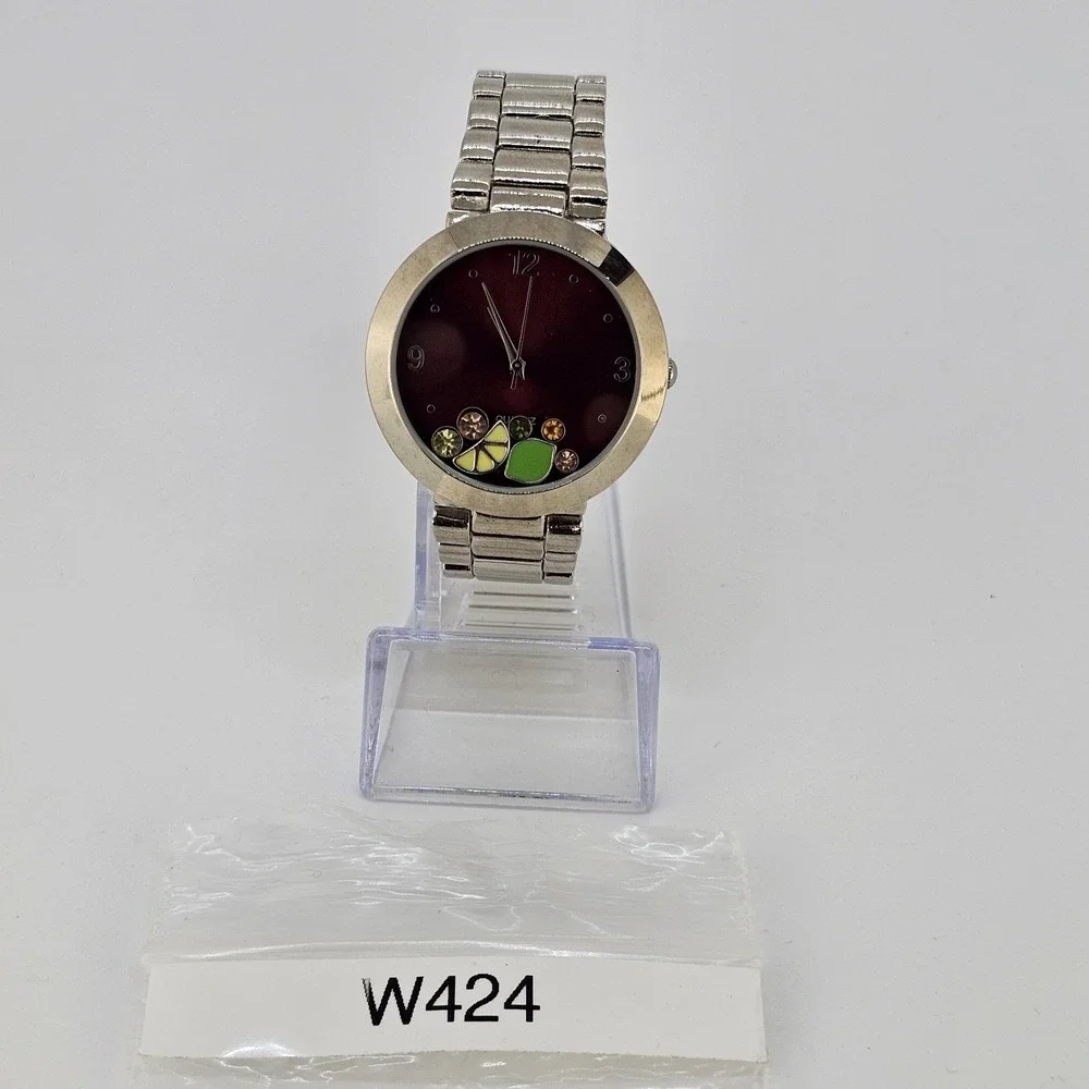 Women Watch 38MM Burgundy Dial Charms on Dial Gray Metal Bands 6.5